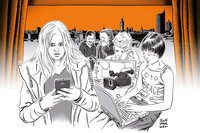 Zeichnung zeigt fünf Jugendliche, die mit Handy, Laptop und Kamera beschäftigt sind.