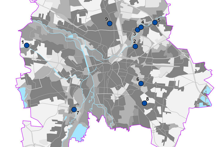 Stadtplan von Leipzig mit verschiedenen markierten Bereichen die Änderungen im Flächennutzungsplan anzeigen.