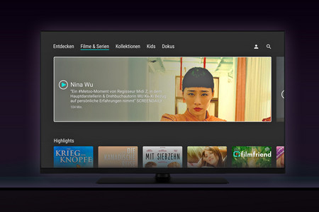 Grafuk eines Flachbildfernsehers vor schwarzem Hintergrund, auf dem Bildschirm ein Ausschnitt der Ansicht des Filmfriend-Programms für Fernsehgeräte