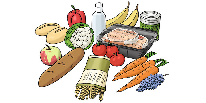 Verschieden Lebensmittel wie Obst und Gemüse, Brot und Nudeln