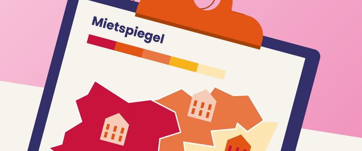 Grafik eines Klemmbrettes, auf dem als Überschrift "Mietspiegel" steht, darunter ein Stück Karte von Leipzig mit unterschiedlich gefärbten Stadtbezirken