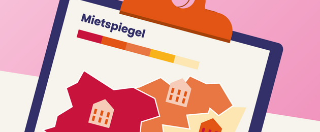 Grafik eines Klemmbrettes, auf dem als Überschrift "Mietspiegel" steht, darunter ein Stück Karte von Leipzig mit unterschiedlich gefärbten Stadtbezirken