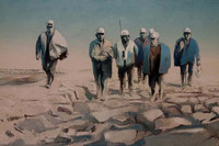 Bild eines Gemäldes: Arbeiter mit weißen Helmen und Arbeitsanzügen gehen über kargen, öden Boden eines Tagebaus.