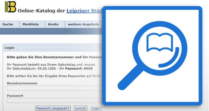 Bildschirmfoto vom Online-Katalog mit Eingabefeld Benutzernummer und Passwort, davor Grafik mit Lupe und aufgeschlagenem Buch