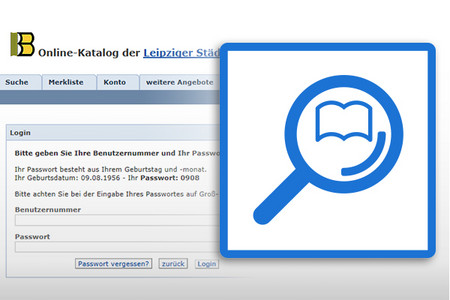 Bildschirmfoto vom Online-Katalog mit Eingabefeld Benutzernummer und Passwort, davor Grafik mit Lupe und aufgeschlagenem Buch