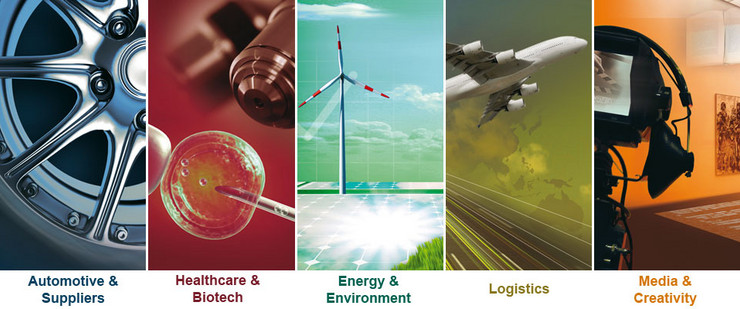 Five convincing clusters: Automotive & Suppliers, Healthcare & Biotech, Energy & Environment, Logistics, Media & Creativity