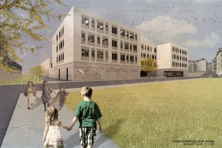Entwurf eines vierstöckigen modernen dreigeteilten Schulgebäudes mit rennenden Kindern davor.