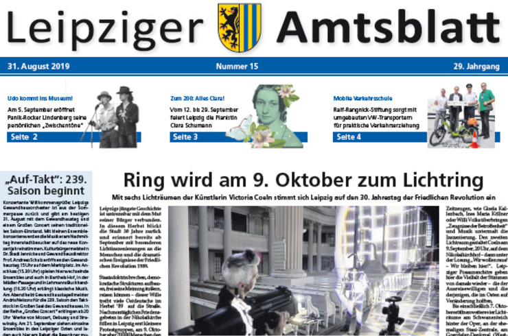 Titelseite des Leipziger Amtsblattes vom 31. August 2019 zeigt die Lichtkünstlerin Victoria Coeln, die in der Nikolaikirche ihre Projektion zeigt