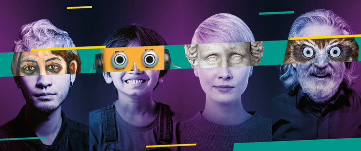 Erscheinungsbild der Museumsnacht Halle und Leipzig mit 4 Portraits mit Masken