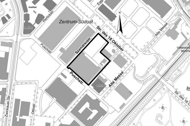 Markierung des Geltungsbereich für die Änderung des Flächennutzungsplans im Bereich Fahrradfachmarkt auf der Alten Messe auf einer Stadtkarte