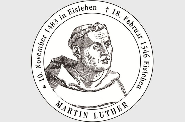 Federzeichnung in schwarz-weiß von Martin Luther, Text: Martin Luther, 10. November 1483 Eisleben, gestorben 18. Febraur 1546 Eisleben