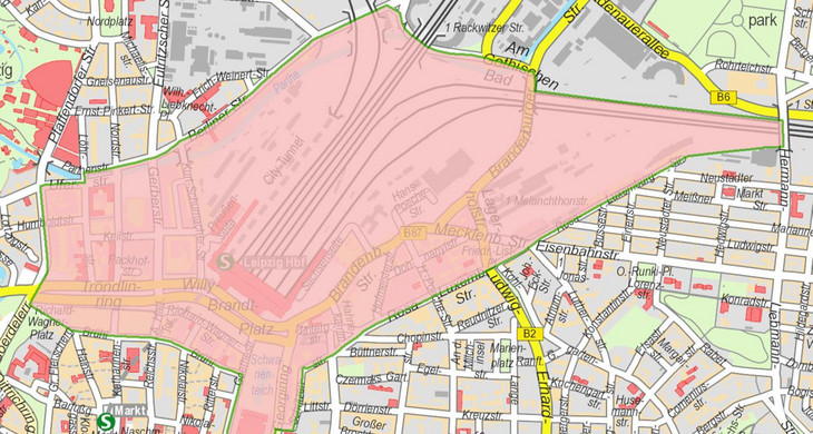 Stadtplan mit Markierung des Untersuchungsgebiets im Umfeld des Hauptbahnhofs des Forschungsprojektes "Sicherheit im Bahnhofsviertel".