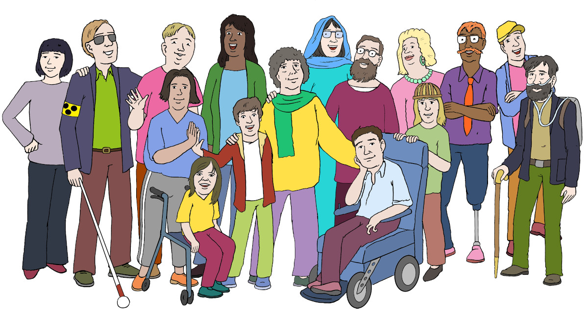 Viele fröhliche Menschen mit und ohne Behinderung, unterschiedlich alt, verschiedenen Hautfarben, Männer und Frauen