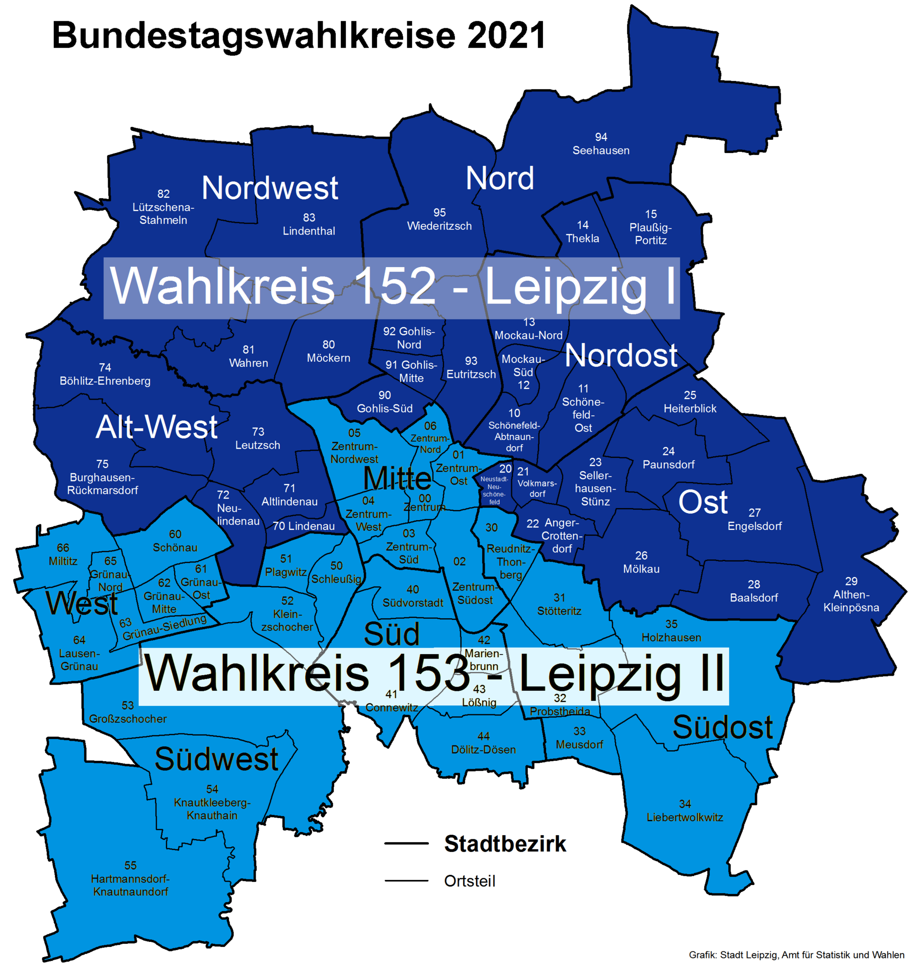 Karte der Leipziger Bundestagswahlkreise 2021 mit Stadtbezirken und Ortsteilen