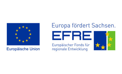 Logo EFRE Europa fördert Sachsen mit Fahne der Europäischen Union